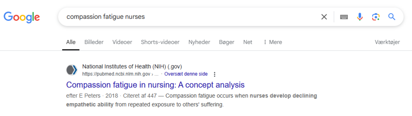 Google search for "compassion fatigue nurses"