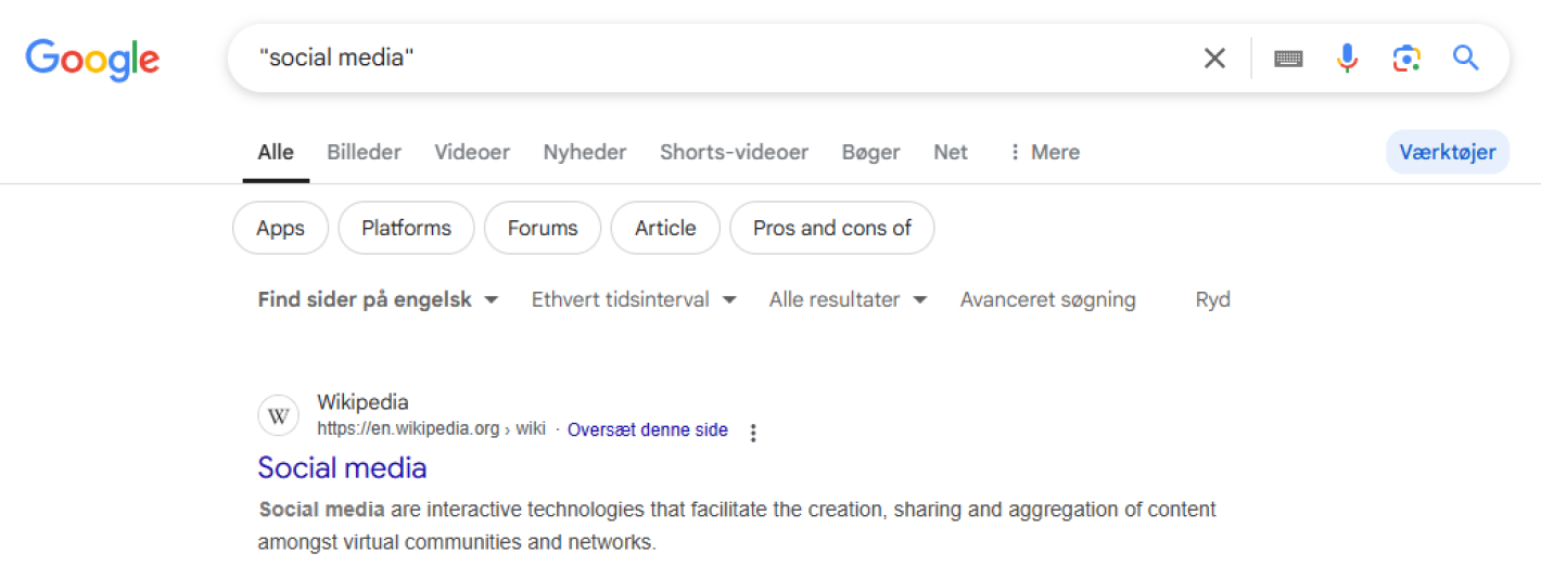 A google search for the term social media with quotation marks around it.