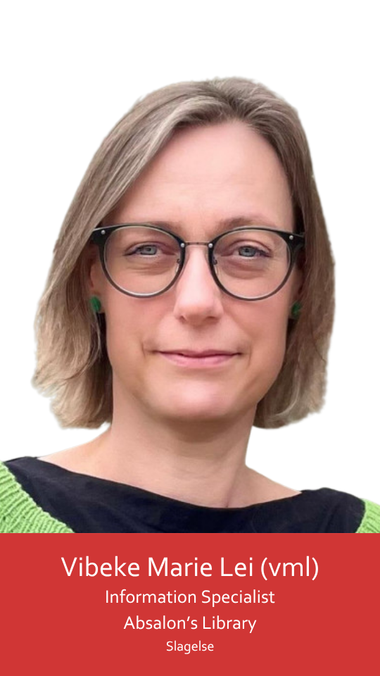 The image shows a woman wearing black rounded glasses and a green sweater. She has an inviting expression and a slight smile on her lips. Her eyes look directly at the camera. She has shoulder-length dark blonde hair, parted on the right side.